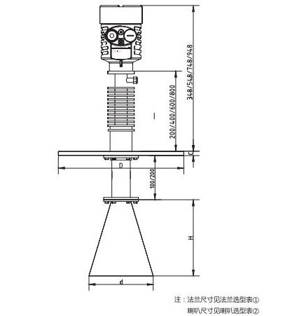 高溫喇叭天線雷達物位計外型尺寸圖